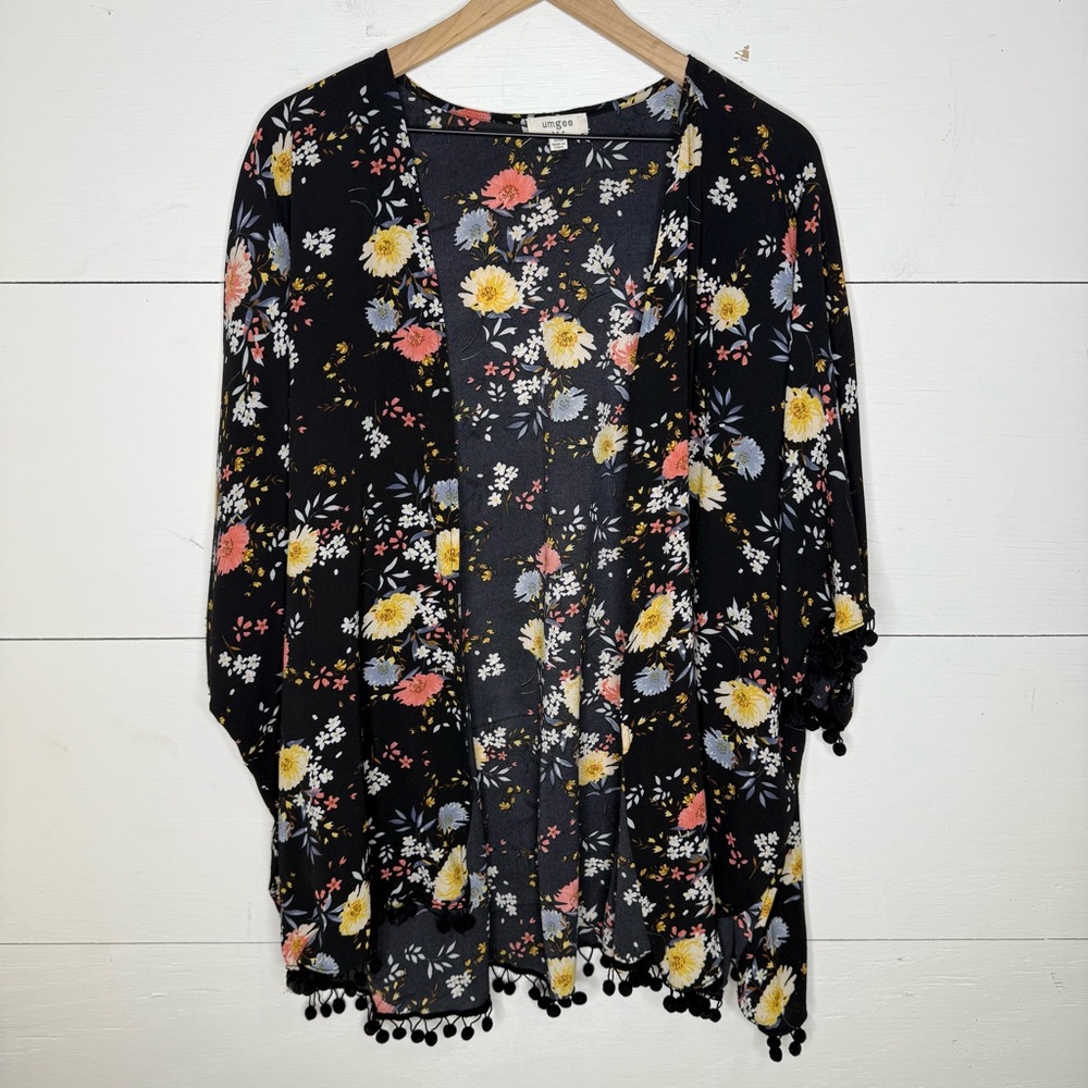 Umgee • Black Floral Kimono with Pom Pom Trim Size Small / Medium S/M